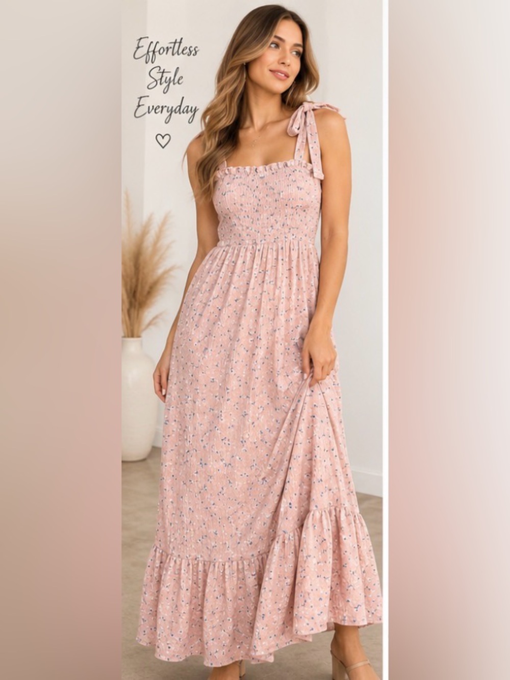 DERAX XL Blush Pink Floral Smocked Tie Strap Maxi Dress NWT